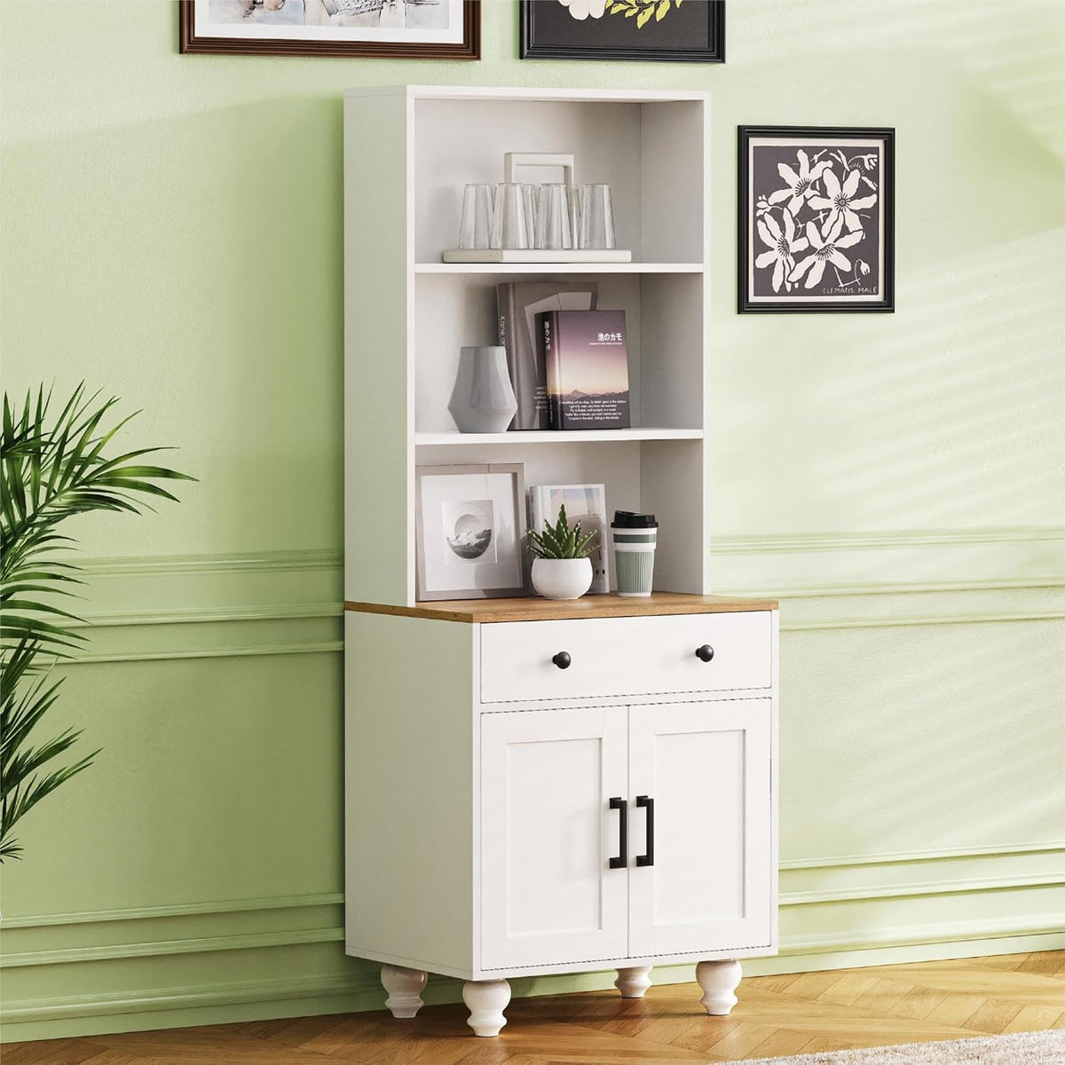 DSHADE Farmhouse Pantry Cabinet with 4 Solid Wood Gourd-Shaped Legs, Modern Kitchen Cabinet with Adjustable Shelves, 5 Tier Bookshelf with Drawer for Living Room, White