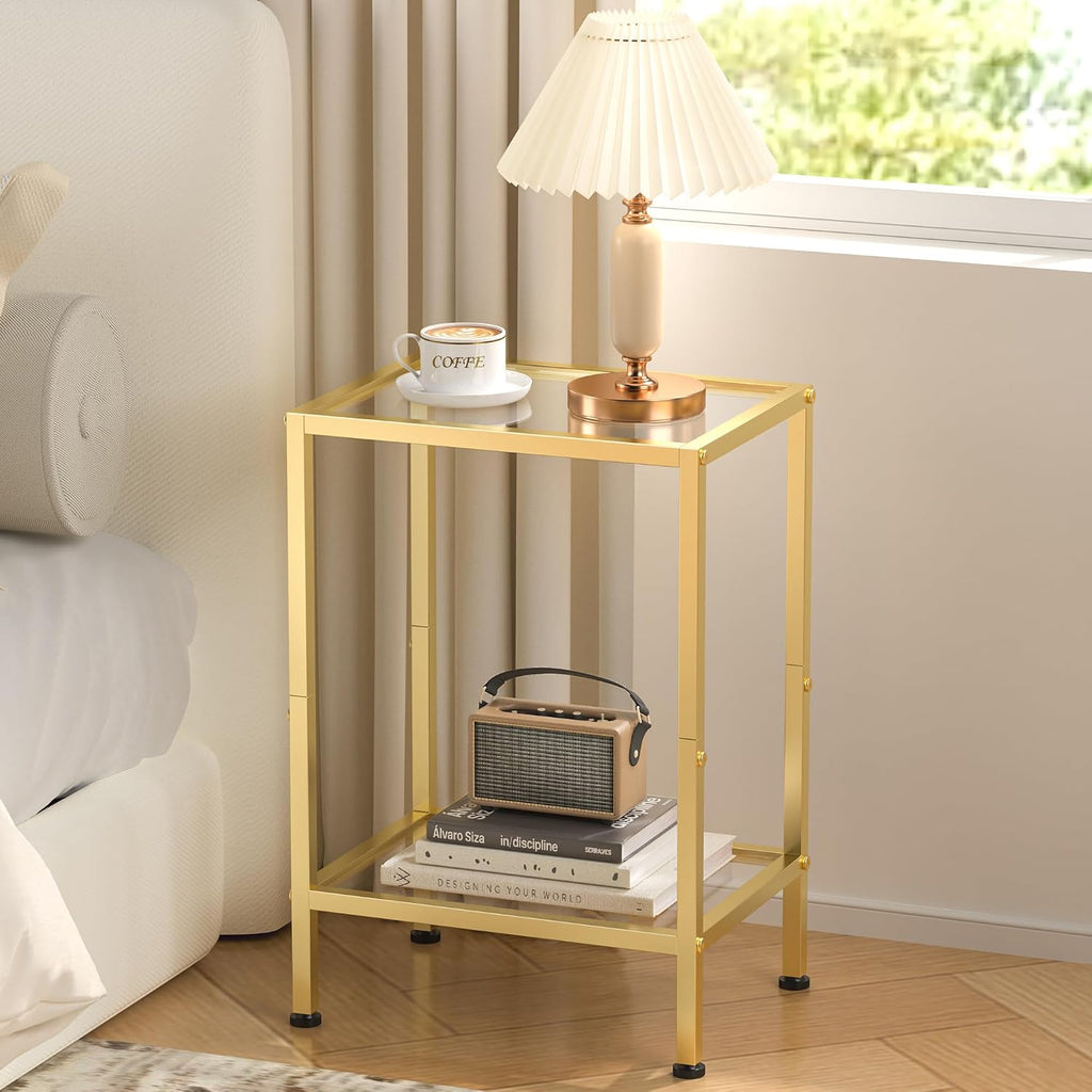 Glass Side Table, Tempered Glass End Table, 2-Tier Nightstands with Open Shelves, Small Coffee Table with Modern Style, Accent Table Small Table Sofa Table for Living Room, Bedroom,Gold