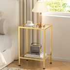 Glass Side Table, Tempered Glass End Table, 2-Tier Nightstands with Open Shelves, Small Coffee Table with Modern Style, Accent Table Small Table Sofa Table for Living Room, Bedroom,Gold