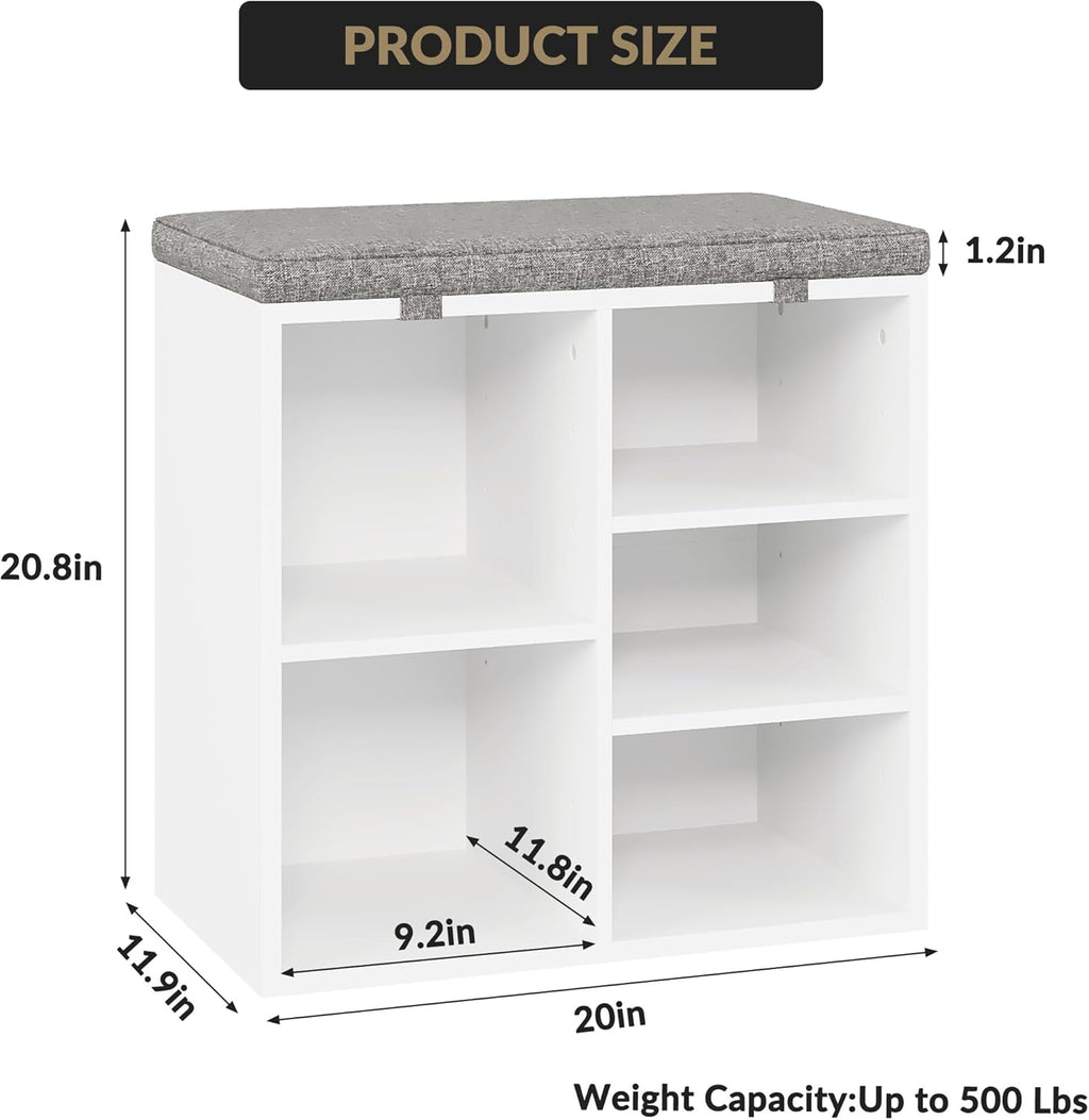 Shoe Bench with Padded Seat, 20'' Shoe Storage Bench with Adjustable Shelves & Side Pockets, 5 Cubes Storage Organizer for Entryway, Porch, Mudroom, Hallway(20''x12''x21''), White