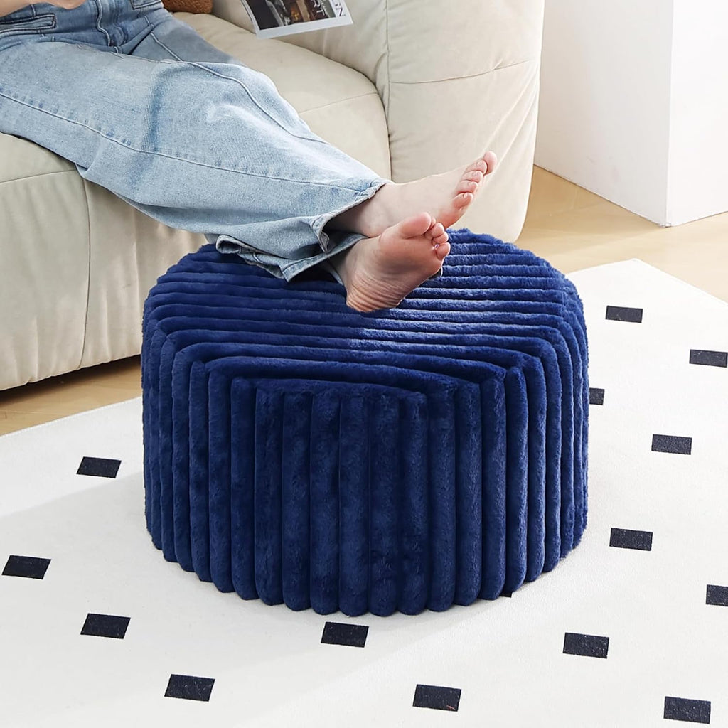 Tiita Round Stuffed Pouf Ottoman, Soft Foot Stool with Solid Foam Block | 21x21x12 Inches Fluffy Floor Pouf Chair & Footrest Cushion for Couch Living Room, Navy Blue