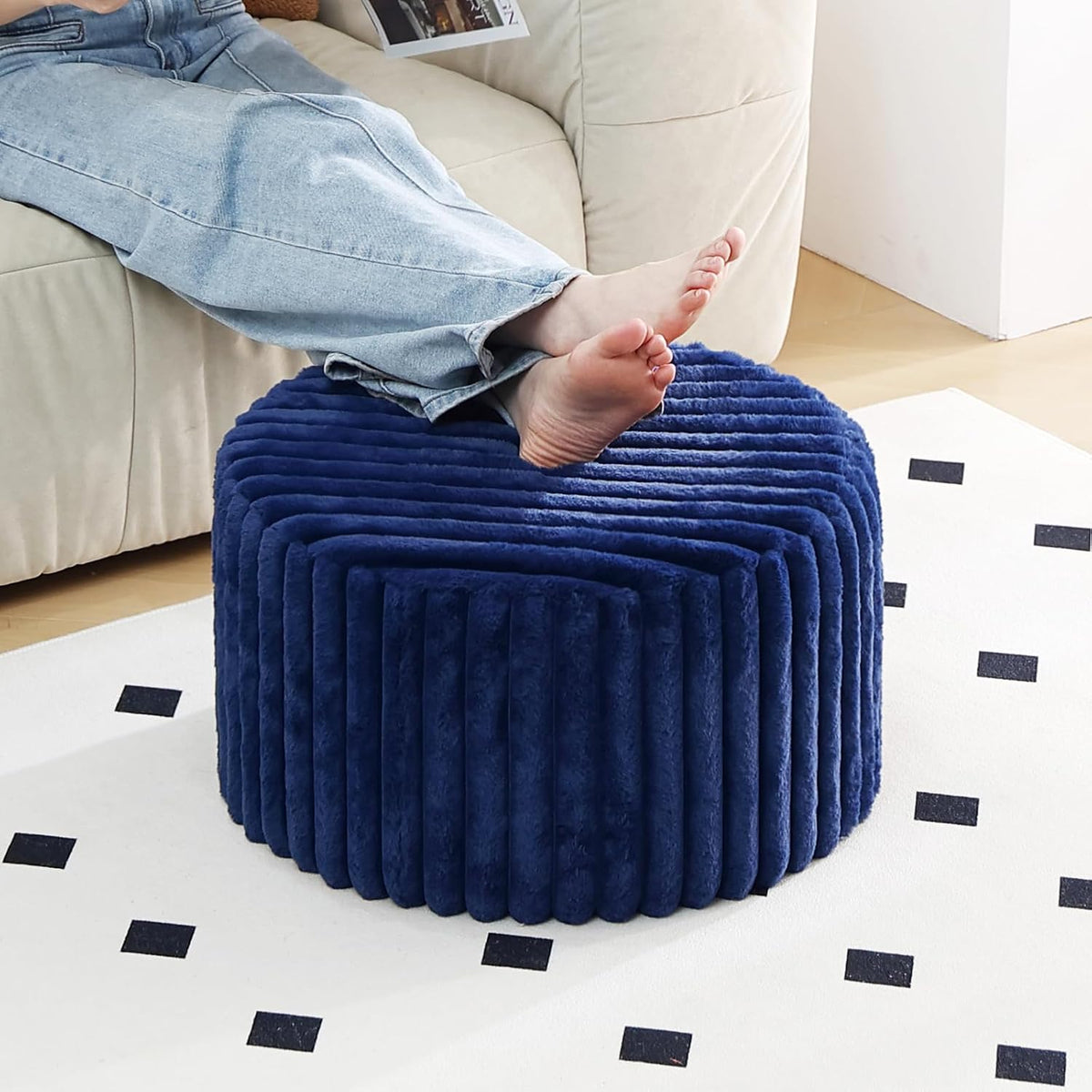 Tiita Round Stuffed Pouf Ottoman, Soft Foot Stool with Solid Foam Block | 21x21x12 Inches Fluffy Floor Pouf Chair & Footrest Cushion for Couch Living Room, Navy Blue