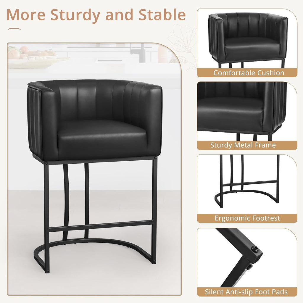 LUE BONA 26.4" H Counter Height Bar Stools Set of 2, Modern Barrel Counter Stools with Supporting Backrest and Arms, Black Metal Frame, Faux Leather Upholstered Barstools for Kitchen Islands, Black