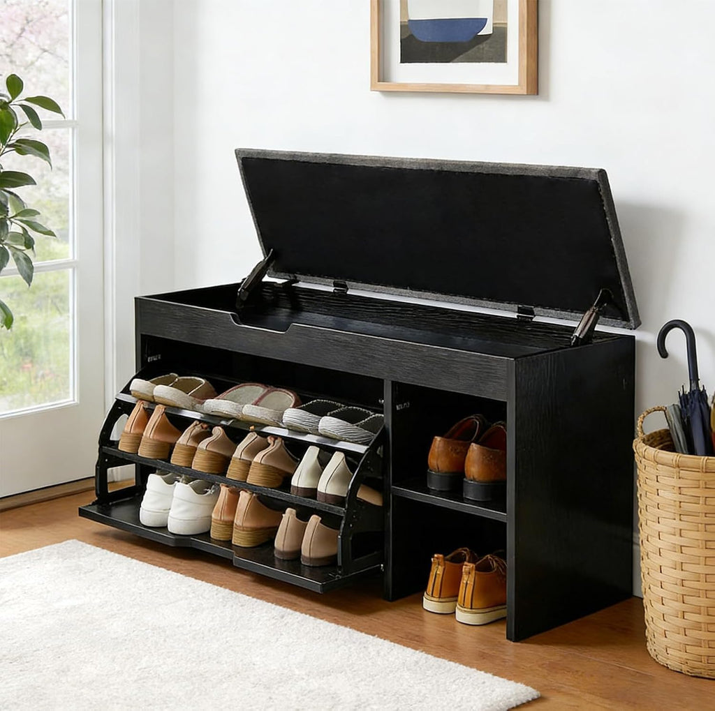 Shoe Storage Bench with Flip Drawers, Entryway Shoe Cabinet with Adjustable Shelves & Padded Seat Cushion, Shoe Organizer Storage Bench with Lift Top Storage for Hallway, Bedroom, Black
