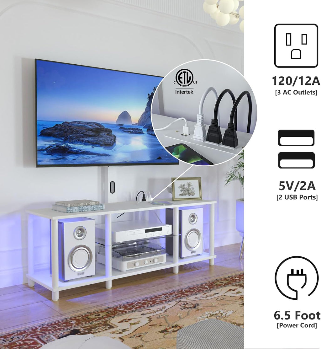 TV Stand with Mount and Led Light，White TV Stand with Power Outlets for 32/40/43/50/55/60/65/70 Inch TV,Entertainment Center with Open Storage Shelf for Bedroom/Living Room/Office