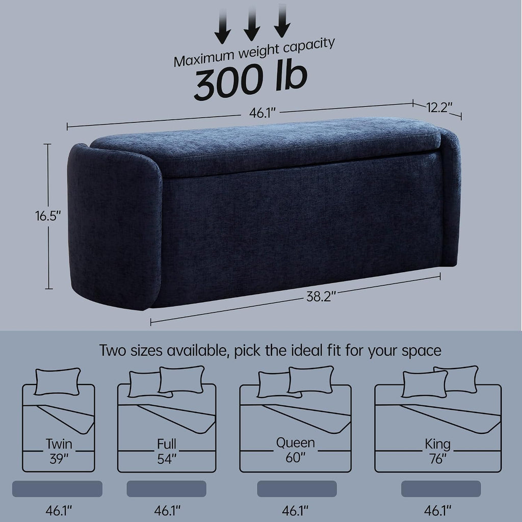 VKNOW Storage Bench, Upholstered Storage Ottoman Bench with Hinge, Navy | Ottoman Bench with Large Capacity, Curved Frame, Soft Fabric, Storage Bench for Bedroom, Living Room, Entryway, Window