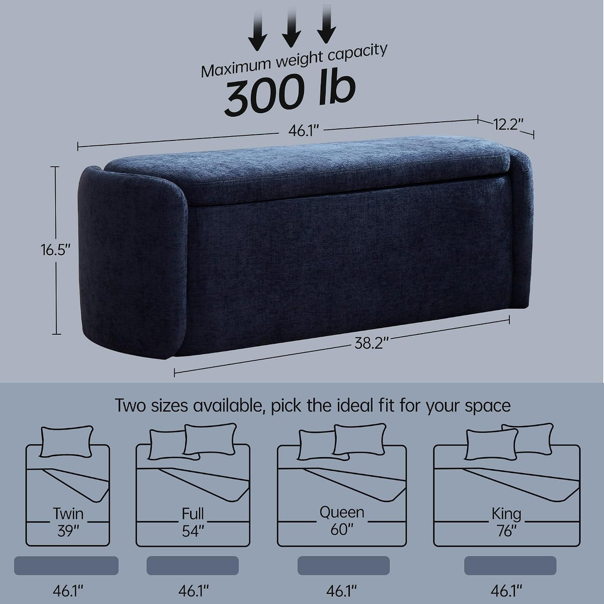 VKNOW Storage Bench, Upholstered Storage Ottoman Bench with Hinge, Navy | Ottoman Bench with Large Capacity, Curved Frame, Soft Fabric, Storage Bench for Bedroom, Living Room, Entryway, Window