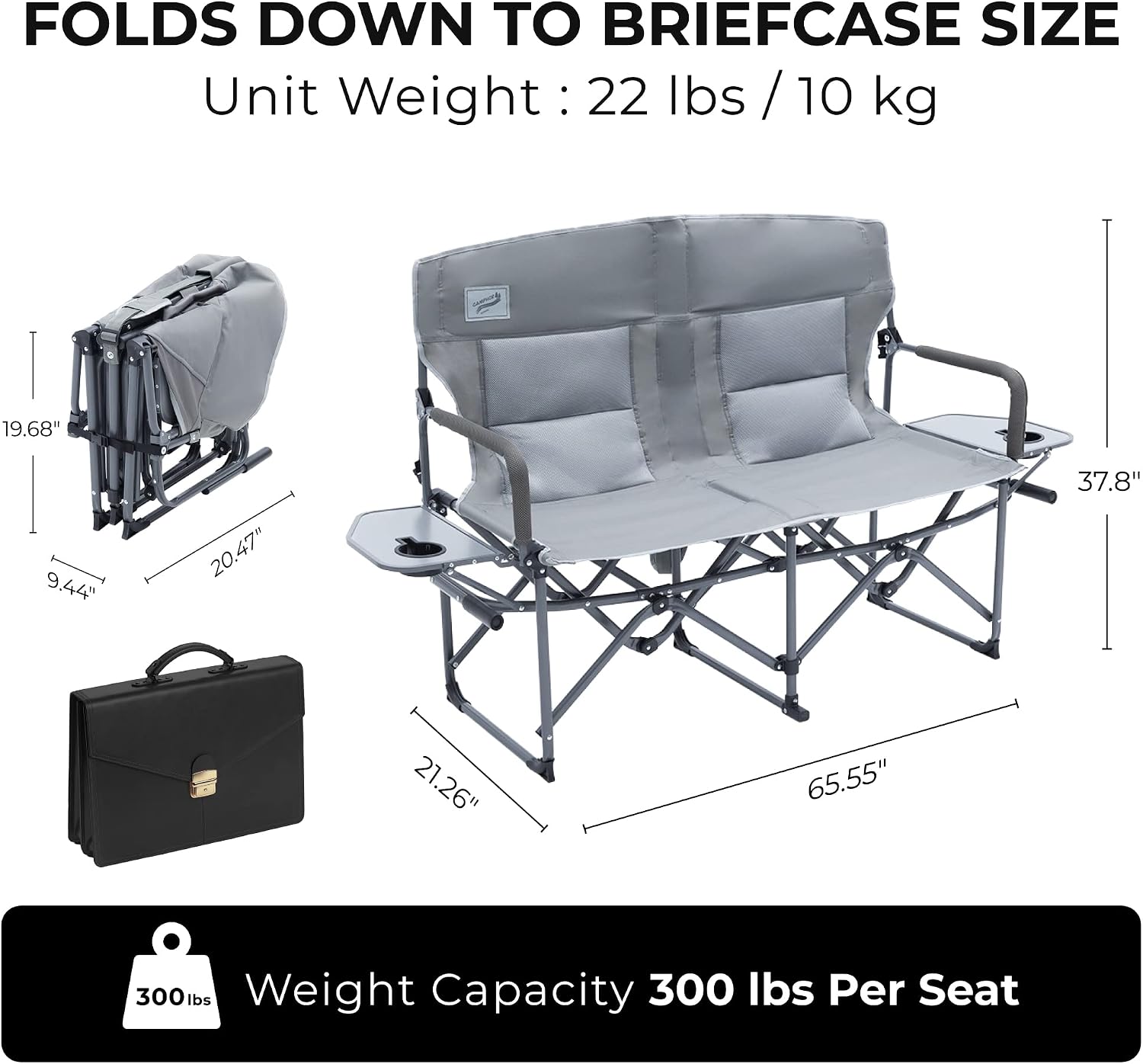 Camphor Designs Oversized Double Portable Folding Director’s Loveseat Chair with Padded Backrest, Side Table | Outdoor Sports, Beach, Lawn, Hunting, Tailgating, Fishing| Supports 300 Lbs/Seat