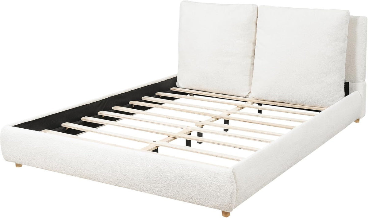 Merax Queen Boucle Platform Bed with 2 Removable Headboard Pillows, White