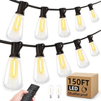 Outdoor String Led Patio Lights - 150Ft 45M Outside Waterproof Light With Remote Dimmable ST38 Shatterproof Bulb Connectable Hanging Outdoor Electric Lighting For Backyard Yard Gazebo Porch Party