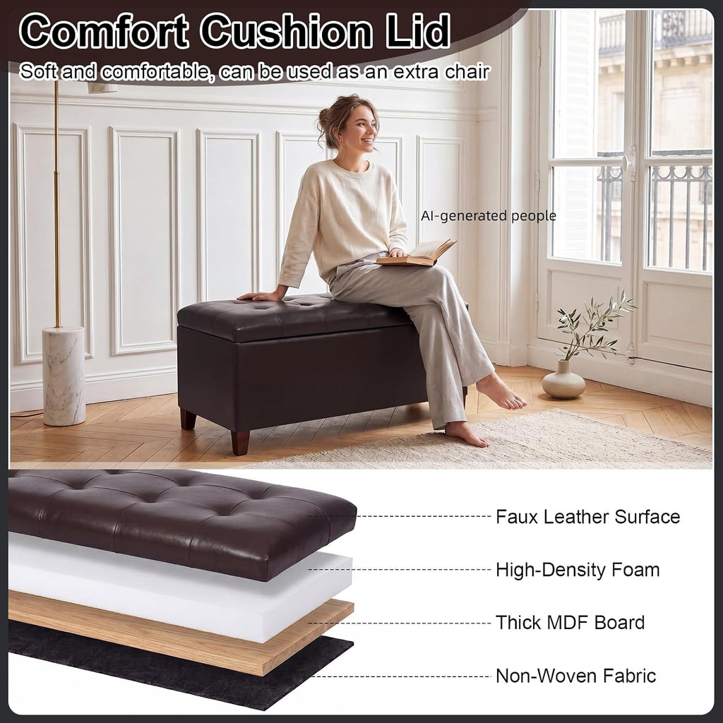 Asense Storage Ottoman Bench, 33" Faux Leather Upholstered End of Bed Bench with Safety Hinge,Wooden Legs,for Entryway Bedroom Living Room,Chocolate Brown