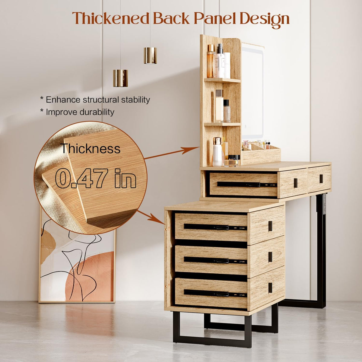 Large Vanity Desk with 3 Color Touch Screen Dimming Mirror, Vanity Desk with Charging Station, Modern Retractable Makeup Dressing Table, Makeup Table With storage shelves and 5 Sliding Drawers, Wood