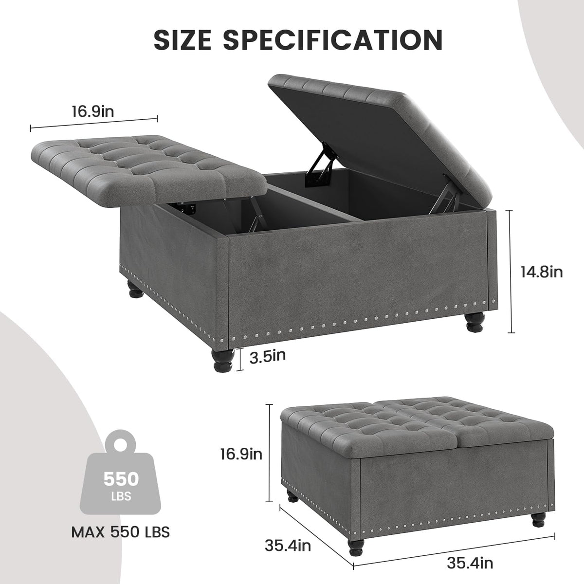 FUXA 35" Large Square Ottoman with Storage and Lift Top, Wood Legs, Gray | Oversized Coffee Table, Tufted Upholstered Bench, Sturdy Construction, for Living Room