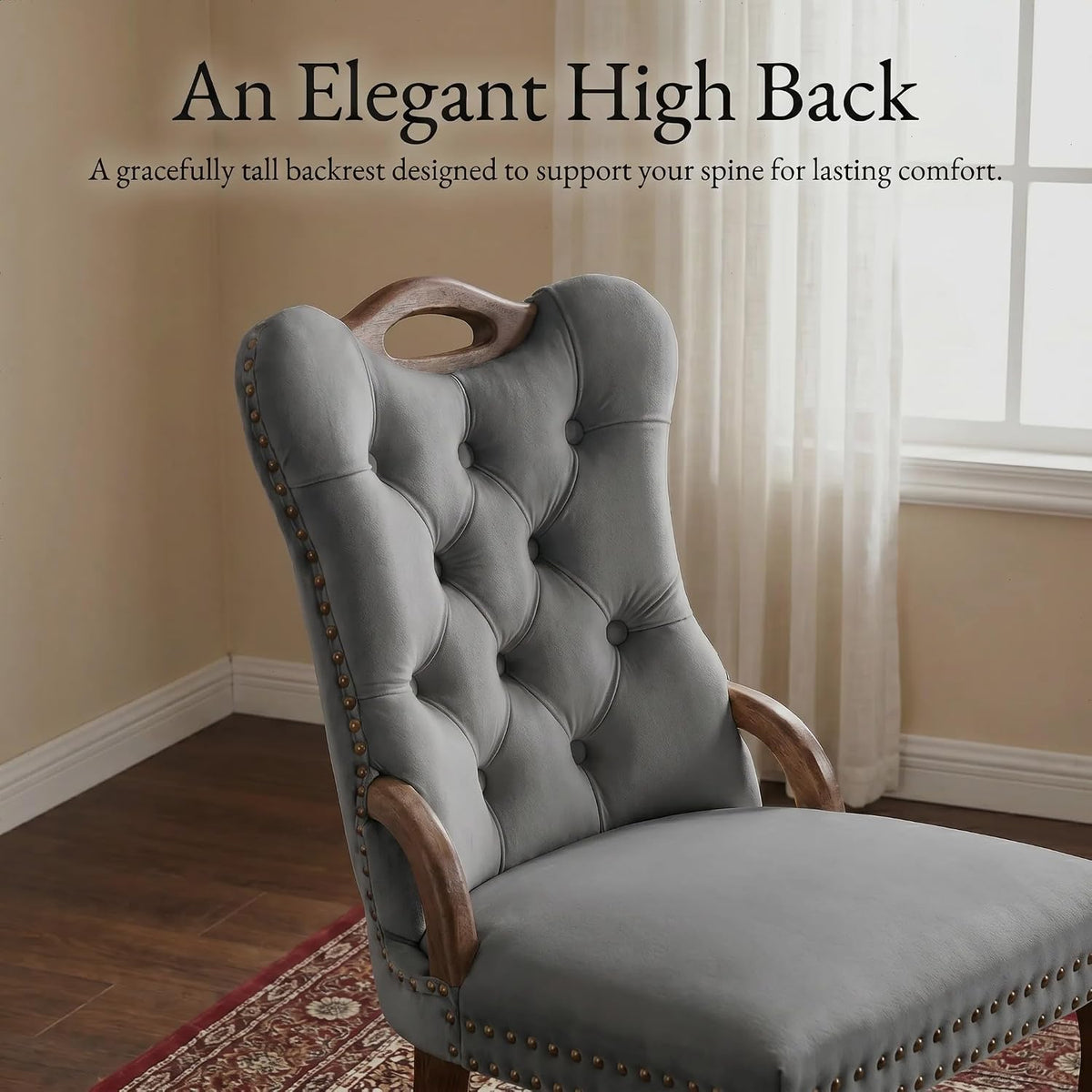 High Back Dining Chairs Set of 2 Vintage Velvet Upholstered Solidwood (Gray)