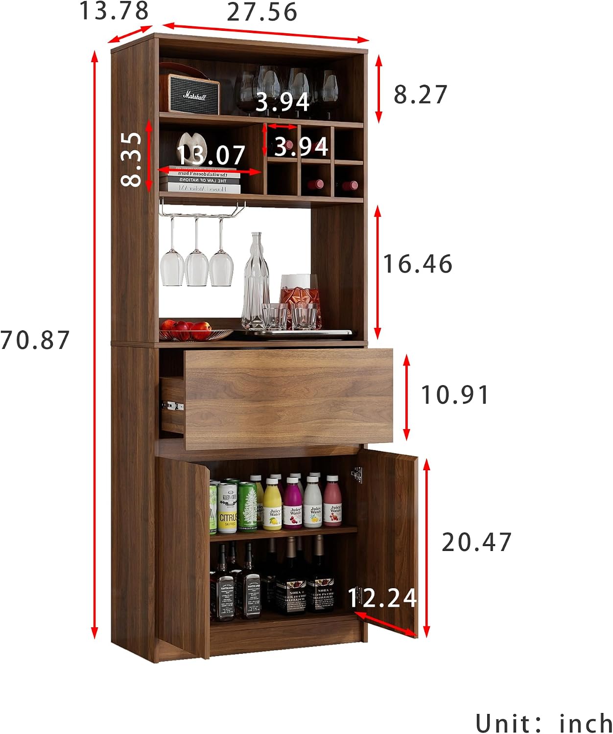 KEIKI 70.87" H Tall Kitchen Pantry Wine Bar Storage Cabinet with Countertop, Wine Rack, Glass Holder, Drawers, Wood Freestanding Hutch Food Pantries Cupboard for Coffee, Dining Living Room