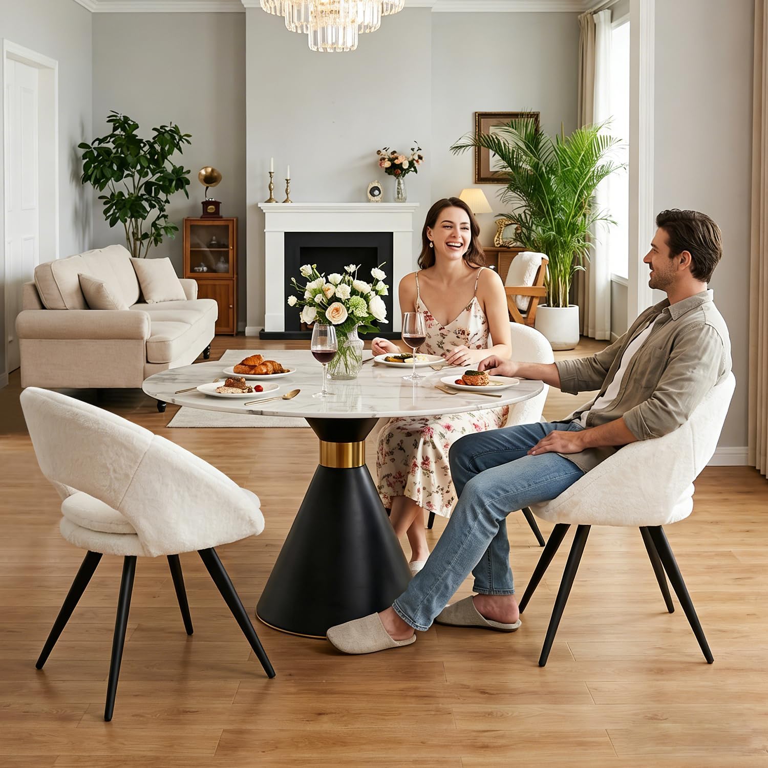 Modern Dining Chairs Set of 2 Upholstered Kitchen Chairs Dining Room Chairs Comfortable Side Accent Chairs with Curved Back for Kitchen Living Room Restaurant (White,2)