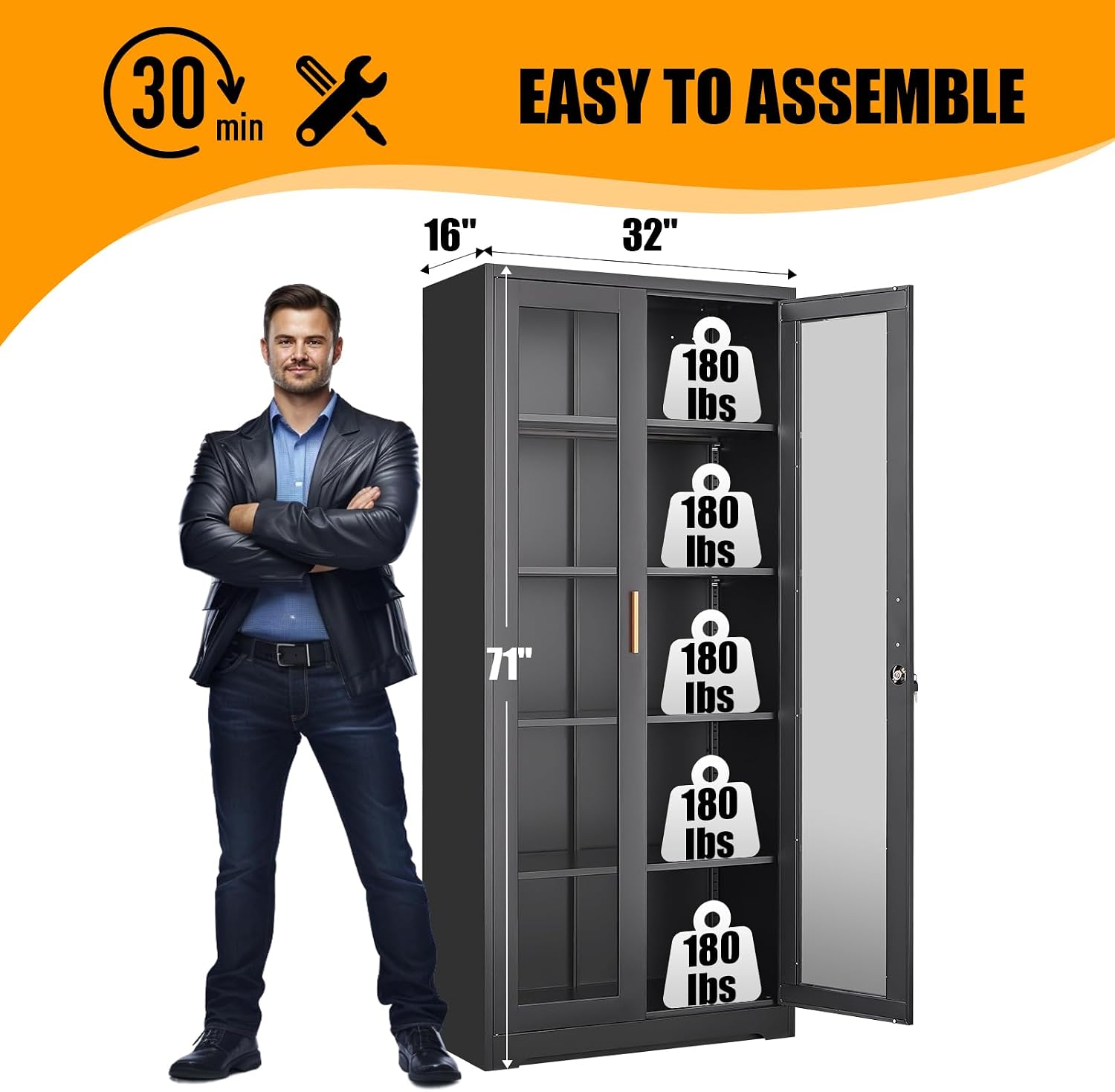 Glass Display Cabinet, 71" Tall Metal Curio Cabinet with Glass Doors, Black Display Case, Storage Cabinets with 4 Adjustable Shelves, Locking Storage Cases for Hallway, Kitchen, Living Room
