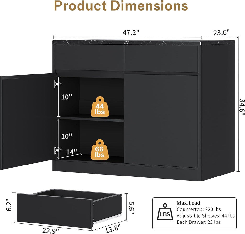 DynJest Kitchen Island with Storage, 47.2" Large Faux Marble Countertop Kitchen Island with 2 Drawers and Adjustable Shelves, Coffee Bar Station, Beveled Edge Door Cabinet, Black Tabletop + Black