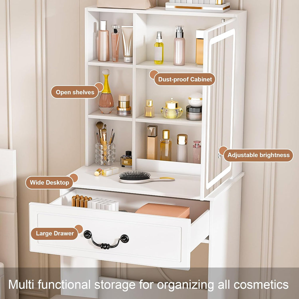 Small Makeup Vanity Desk with Mirror and Lights, Vanity Table Set with Storage Drawer & Open Shelves, 3 Lighting Colors, Adjustable Brightness Mini Makeup Vanity with Stool