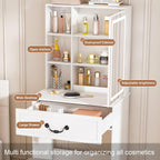 Small Makeup Vanity Desk with Mirror and Lights, Vanity Table Set with Storage Drawer & Open Shelves, 3 Lighting Colors, Adjustable Brightness Mini Makeup Vanity with Stool