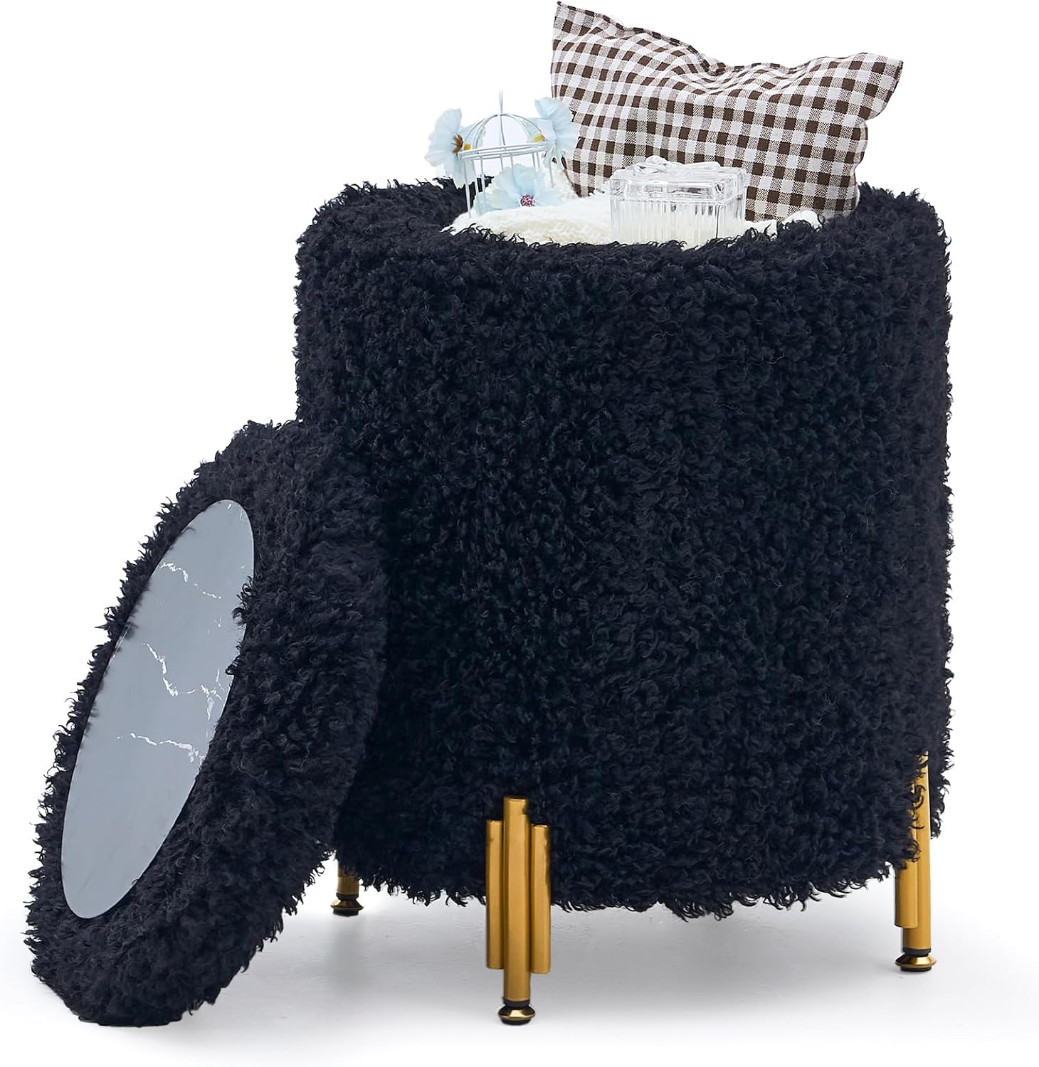 Round Storage Ottoman,Modern Foot Stool with Metal Legs,Vanity Stool with Soft Padded Seat,Side Table or Plant Stand for Hallway,Living Room (Black-Long Wool)