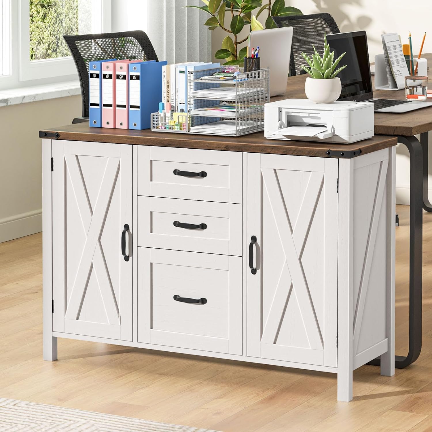 Vabches File Cabinet with 3 Drawers Fits Files Letter/A4 Size, Rustic White | Farmhouse Lateral File Cabinet, Wooden Filing Cabinet with Door and Adjustable Shelves Printer Stand for Home Office