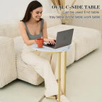 C Shaped End Table, Oval Couch Side Tables for Living Room, Sofa End Table with Metal Frame, Small Wooden Snack Table for Bedroom, Small Spaces, Easy Assembly, Gold