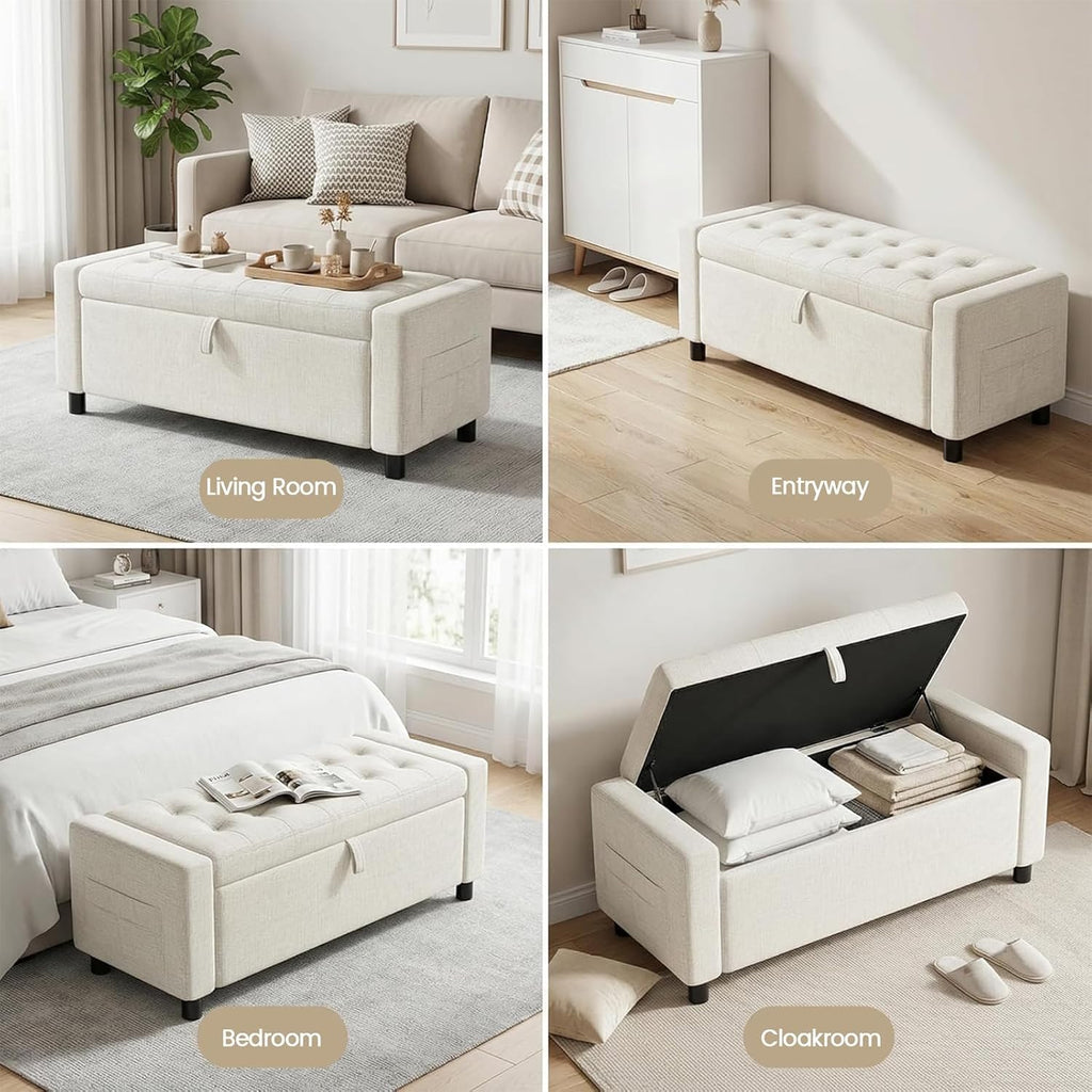 Amada 46" Storage Ottoman Bench with Safety Hinge, Hidden Compartment & Side Pocket - Upholstered End of Bed/Entryway Bench for Bedroom & Living Room, 400 lbs Weight Capacity, Beige