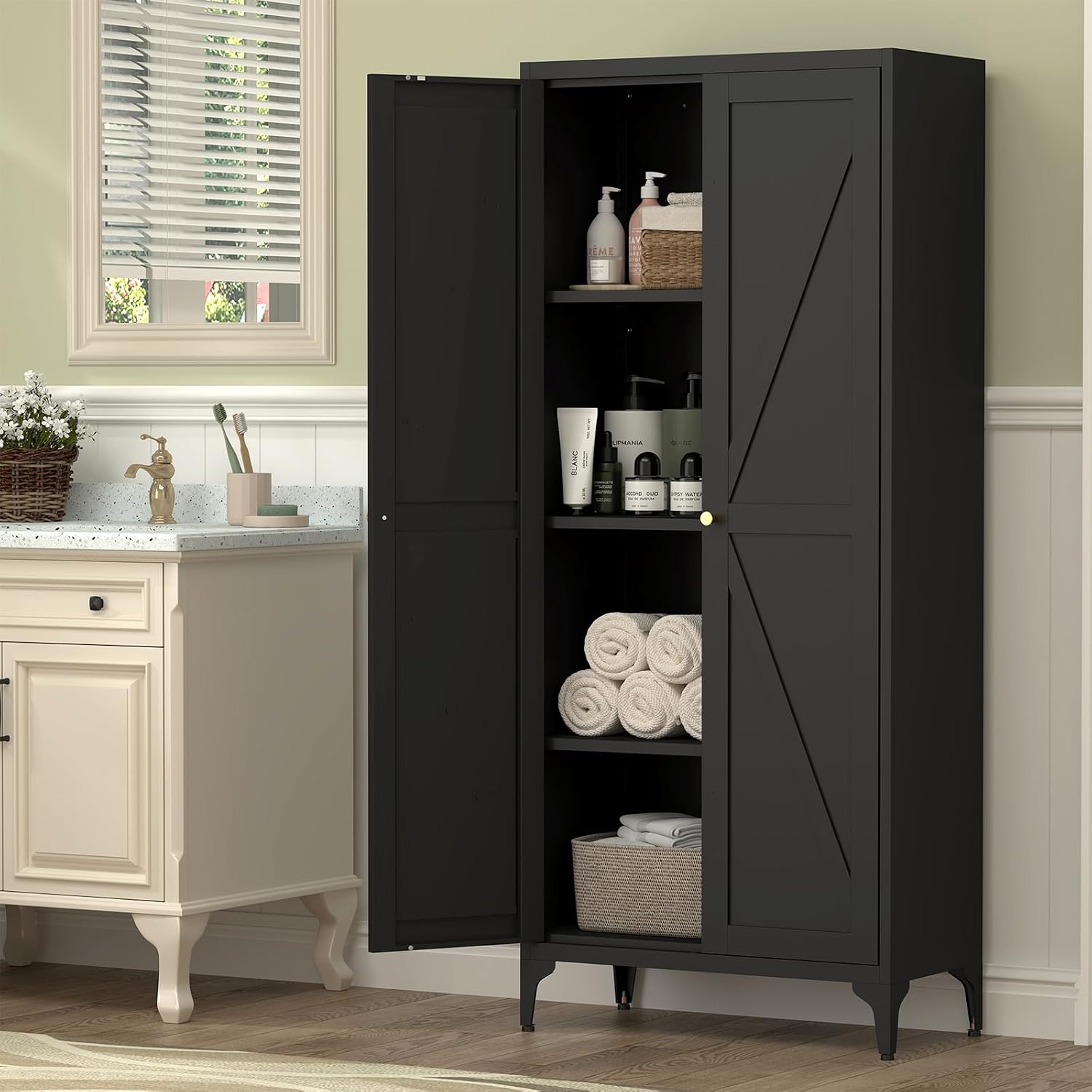 65"H Kitchen Pantry Storage Cabinets with 2 Doors and 3 Adjustable Shelves, Tall Metal Storage Cabinet with Adjustable Feet, White Cupboard for Kitchen, Dining Room, Living Room and Bathroom