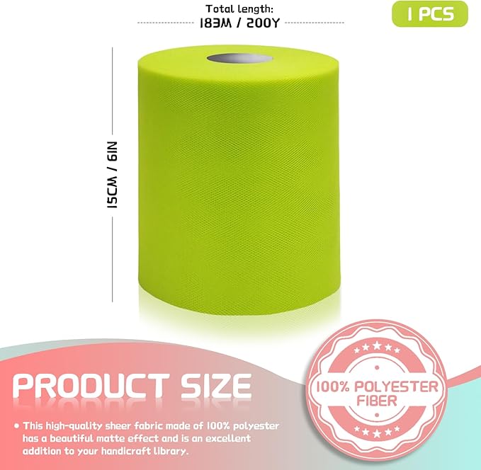 6" x 200 Yards Lime Green Tulle Fabric Rolls, Green Spool Tulle Ribbon for DIY Tutu Skirt Wedding Decoration Baby Shower Birthday Party Backdrop Gift Wrapping Bow Craft Supplies
