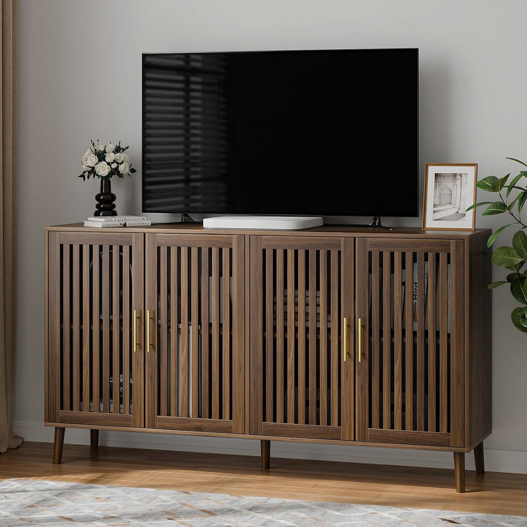Buffet Cabinet with Storage Walnut Sideboard with Grille Doors&Adjustable Shelf, Wood Coffee Bar Storage Cabinet for Kitchen Living Room Entryway (31.5 Inch)