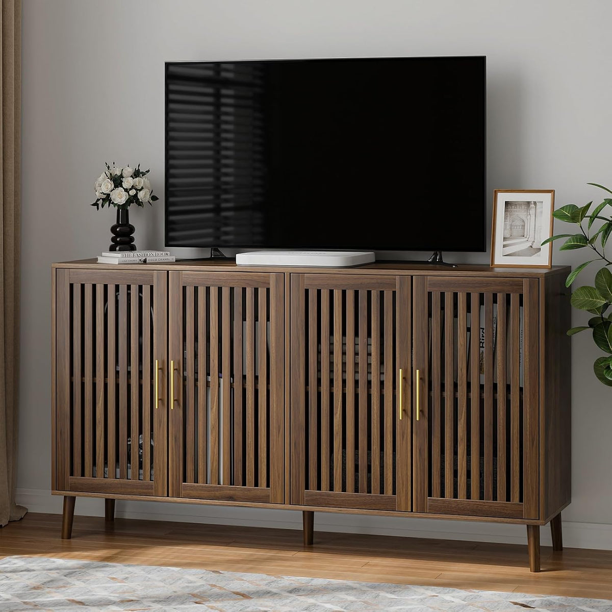 Buffet Cabinet with Storage Walnut Sideboard with Grille Doors&Adjustable Shelf, Wood Coffee Bar Storage Cabinet for Kitchen Living Room Entryway (31.5 Inch)