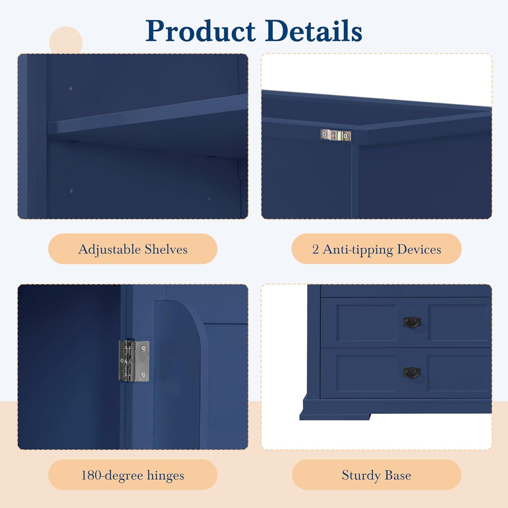 63.3" Traditional Freestanding Buffet Hutch with Storage Shelves & Organizer, Large Kitchen Pantry with Workstation (Blue17)