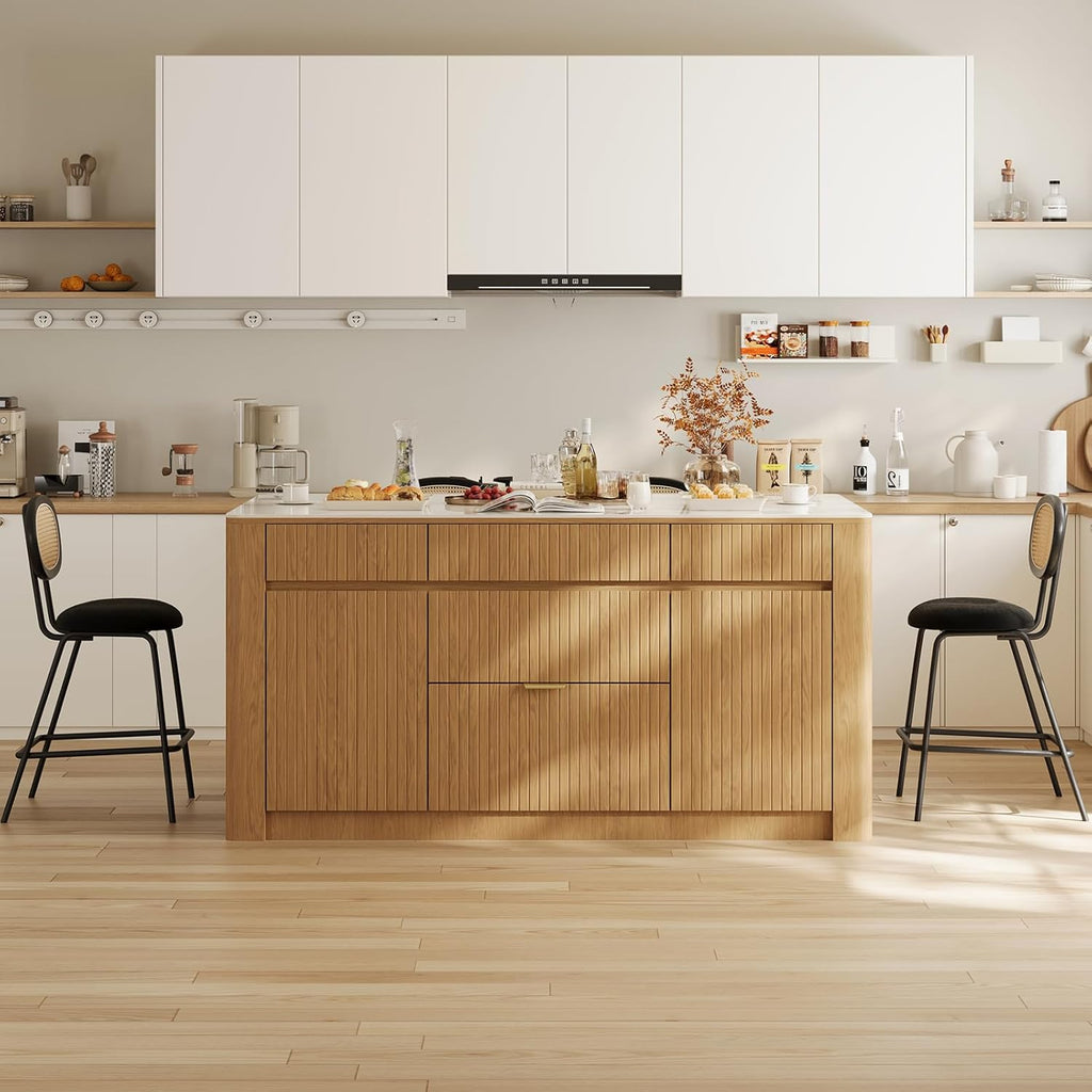 homary Kitchen Island with Storage with Sintered Stone Top, Solid Rubberwood Base with Ash Veneer, 72" Large Stationary Kitchen Cabinet with 5 Drawers, Trash Storage & Shelves, Modern Fluted Design