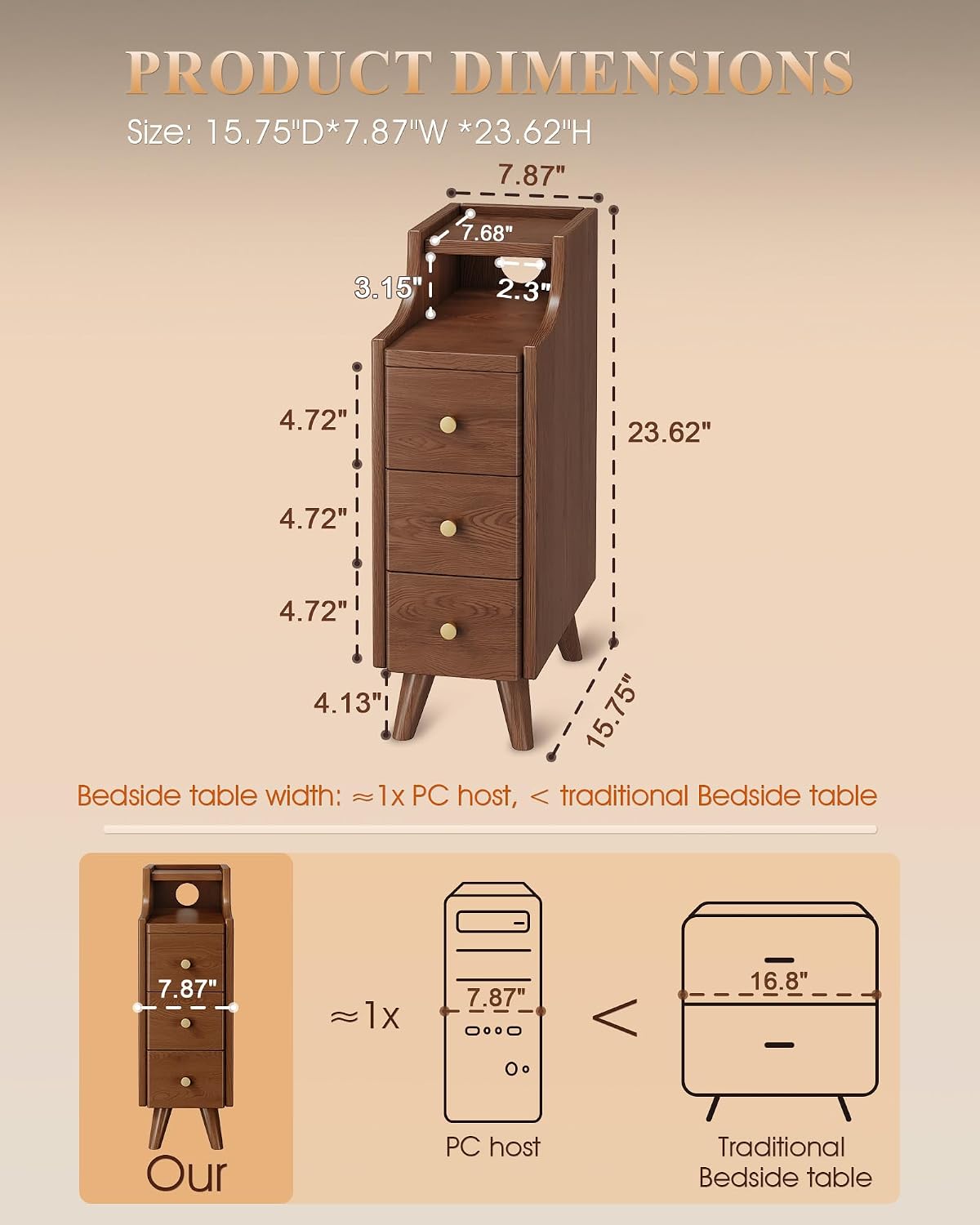 IUNVR Narrow Nightstand with 3 Drawers, Solid Wood Slim Bedside Table | 7.9" Modern Nightstand with Open Shelf & Cable Hole, Space Saving Storage Cabinet for Bedroom and Study