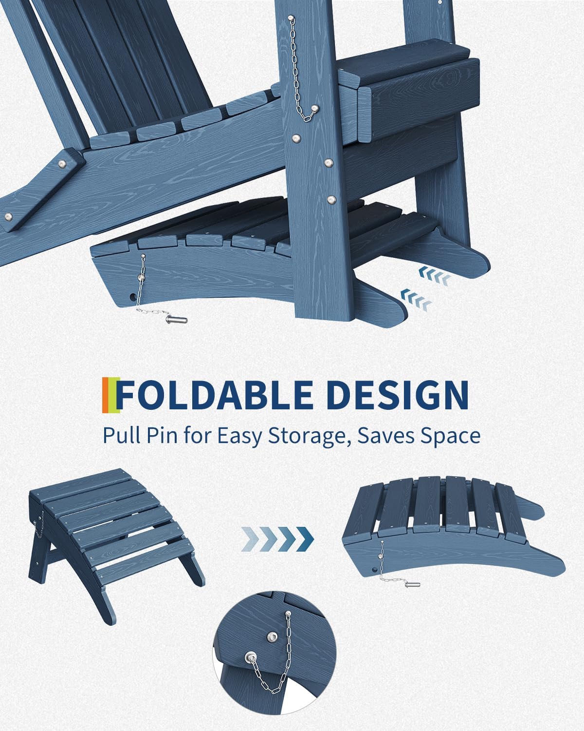 Garvee Folding Adirondack Ottoman, HDPE Outdoor Footrest for Adirondack Chair, All-Weather Resistant for Deck Backyard Patio Outside Poolside Porch Lawn - Navy Blue