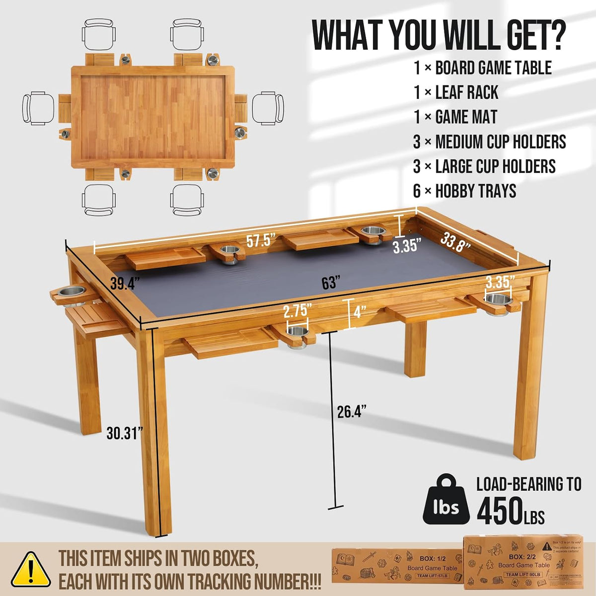 63" Solid Wood Board Game Table for Gaming/Dining, Removable Top | Gaming Table for 4–6 Players with 54" x 30.7" Play Area, Neoprene Play Mat, Leaf Storage Rack, 6 Cup Holders & Trays, Nature
