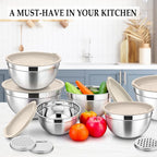TeamFar Mixing Bowls, 6PCS Stainless Steel Nesting Mixing Salad Bowl with Lids & 3 Grater Attachments, for Food Cooking Baking Storing, Healthy, Khaki - 4.6/2.6/2 / 1.5/1 / 0.7 QT