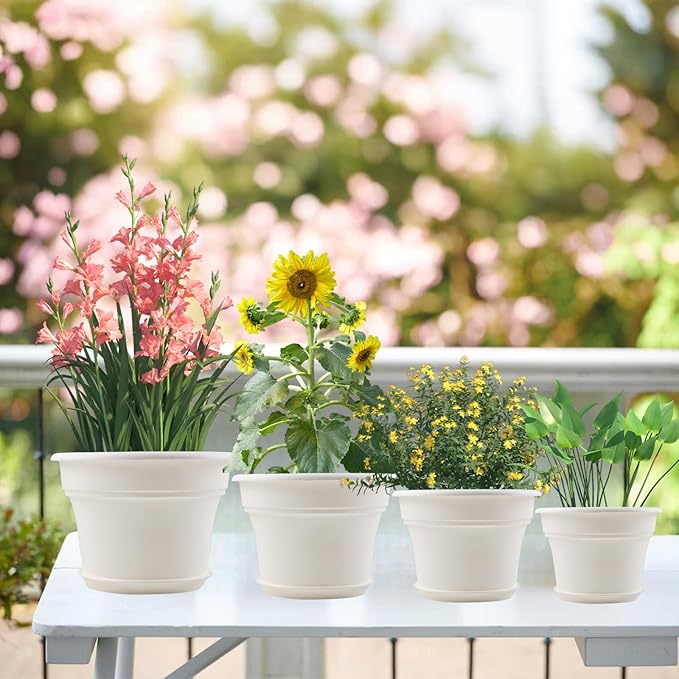 6 Inch Plastic-Flower Pot-for-Indoor Plants, 6 Pack Outdoor Plant Pots with Drainage Holes & Saucers, Resin Garden Pots Planters