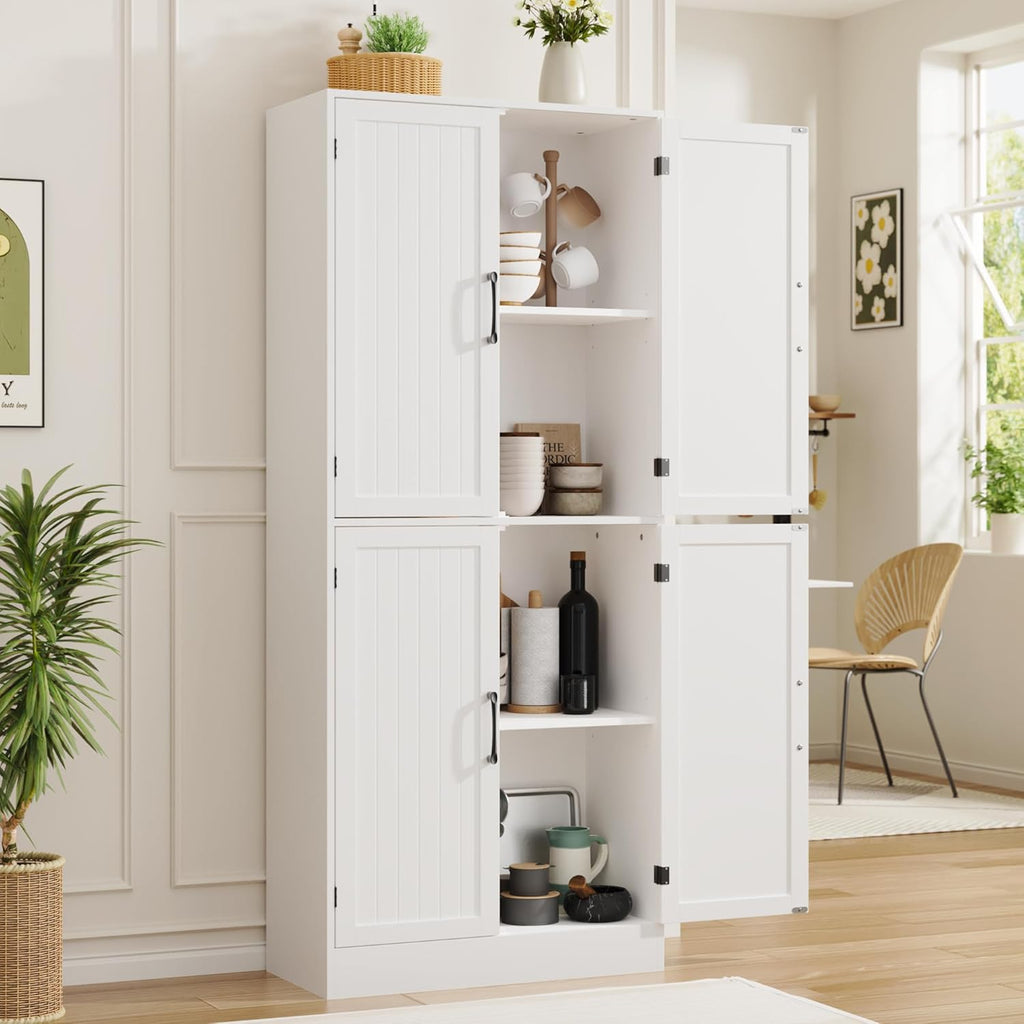 MHOM 71" Tall White Pantry Cabinet, Farmhouse Storage Cabinet with 4 Doors and Adjustable Shelves, Freestanding Pantry for Dining Room, Kitchen, and Living Room