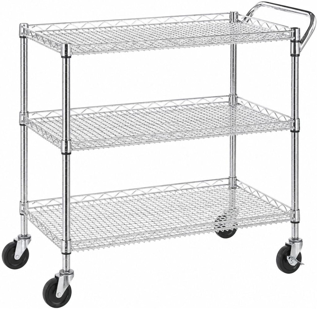 Heavy Duty 3 Tier Rolling Utility Kitchen Cart on Wheels,Large 45"L x 17 1/2"D x 45"H Metal Serving Cart Commercial Grade with Wire Shelving and Handle Bar for Office School Church Kitchen Hardware