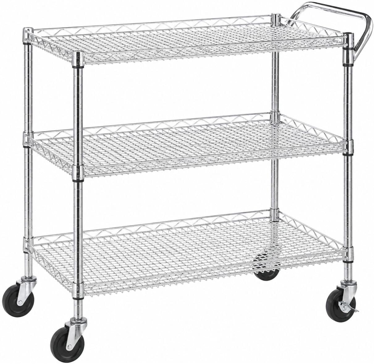 Heavy Duty 3 Tier Rolling Utility Kitchen Cart on Wheels,Large 45"L x 17 1/2"D x 45"H Metal Serving Cart Commercial Grade with Wire Shelving and Handle Bar for Office School Church Kitchen Hardware