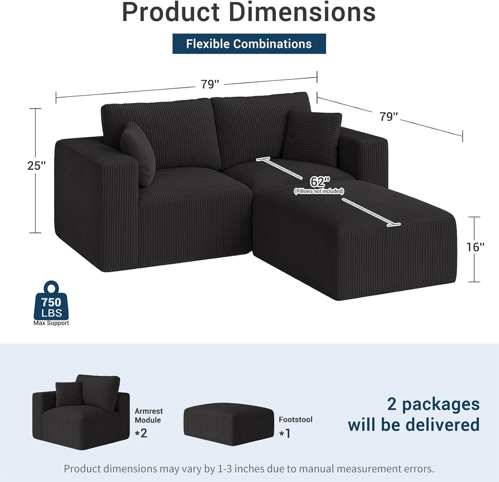 Modular Sleeper Sofa Couch Modern Sectional Couches for Living Room - 79" L-Shaped Cloud Couch - Easy Assembly Corduroy Convertible Sponge Compression Sofas with Chaise for Home House(Black)
