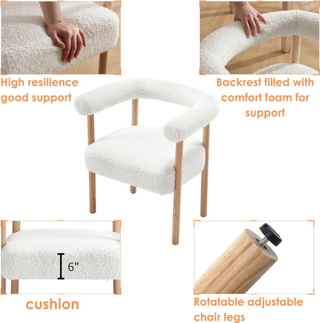 BESTANO Mid-Century Modern Dining Chairs Set of 2 Armrest Barrel Dining Chairs Side Chairs with Curved Back, Upholstered Wood Armchairs for Kitchen, Sherpa White