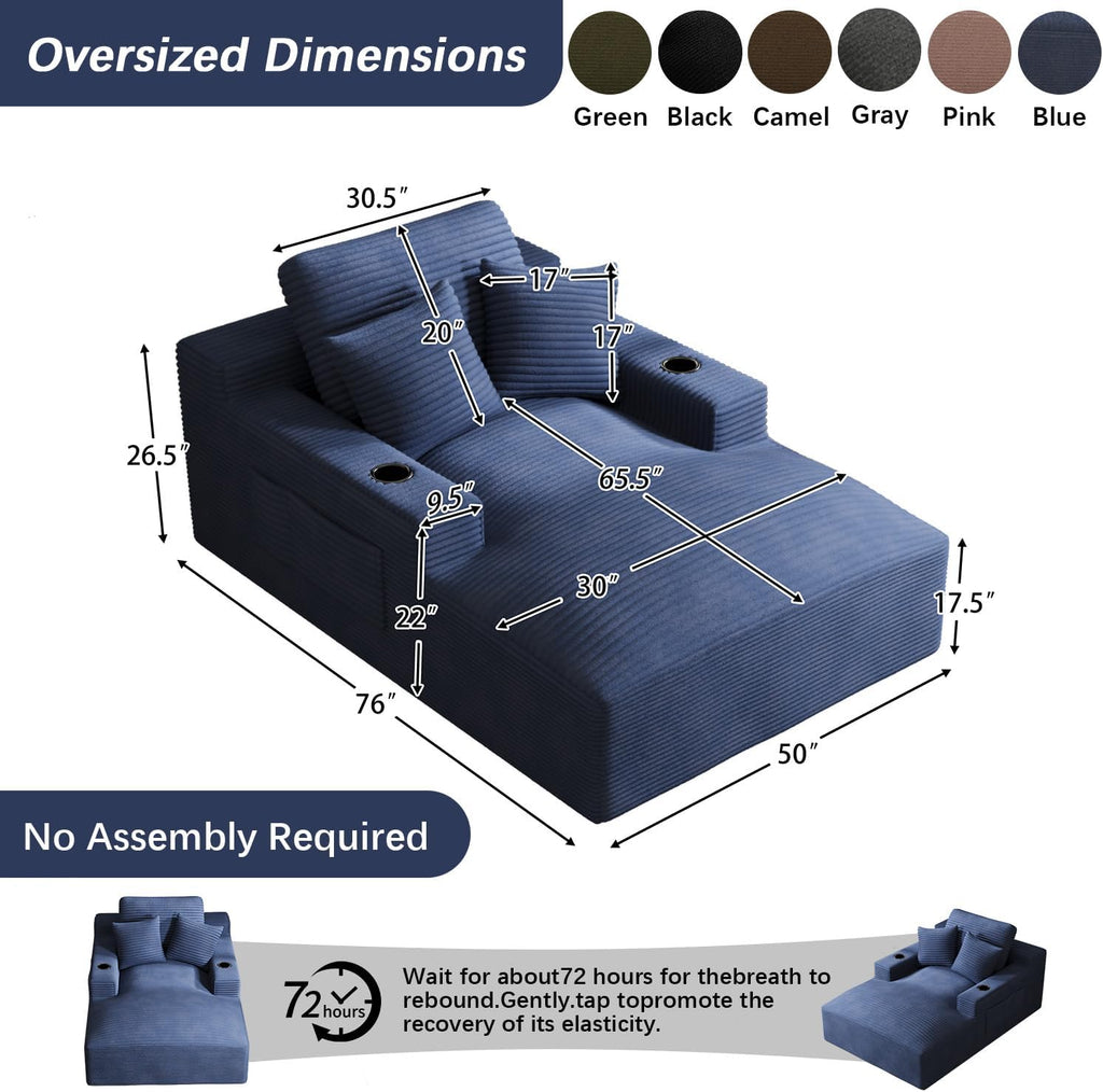 50" x 76" Corduroy Chaise Lounge Sofa Bed with Cup Holders, Blue | Extra-long corduroy chaise with deep sleeper seating, built-in cup holders, and 3 pillows for lounging or overnight rest.