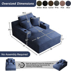 50" x 76" Corduroy Chaise Lounge Sofa Bed with Cup Holders, Blue | Extra-long corduroy chaise with deep sleeper seating, built-in cup holders, and 3 pillows for lounging or overnight rest.