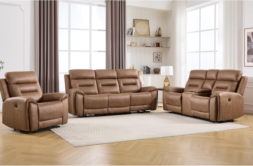 ANJ 3-Piece Power Recliner Sofa Set with Charging Ports, Include Single Recliner Chair, 2-Seater Loveseat with Hidden Storage & Cup Holders and 3-Seater Reclining Couch for Living Room, Brown