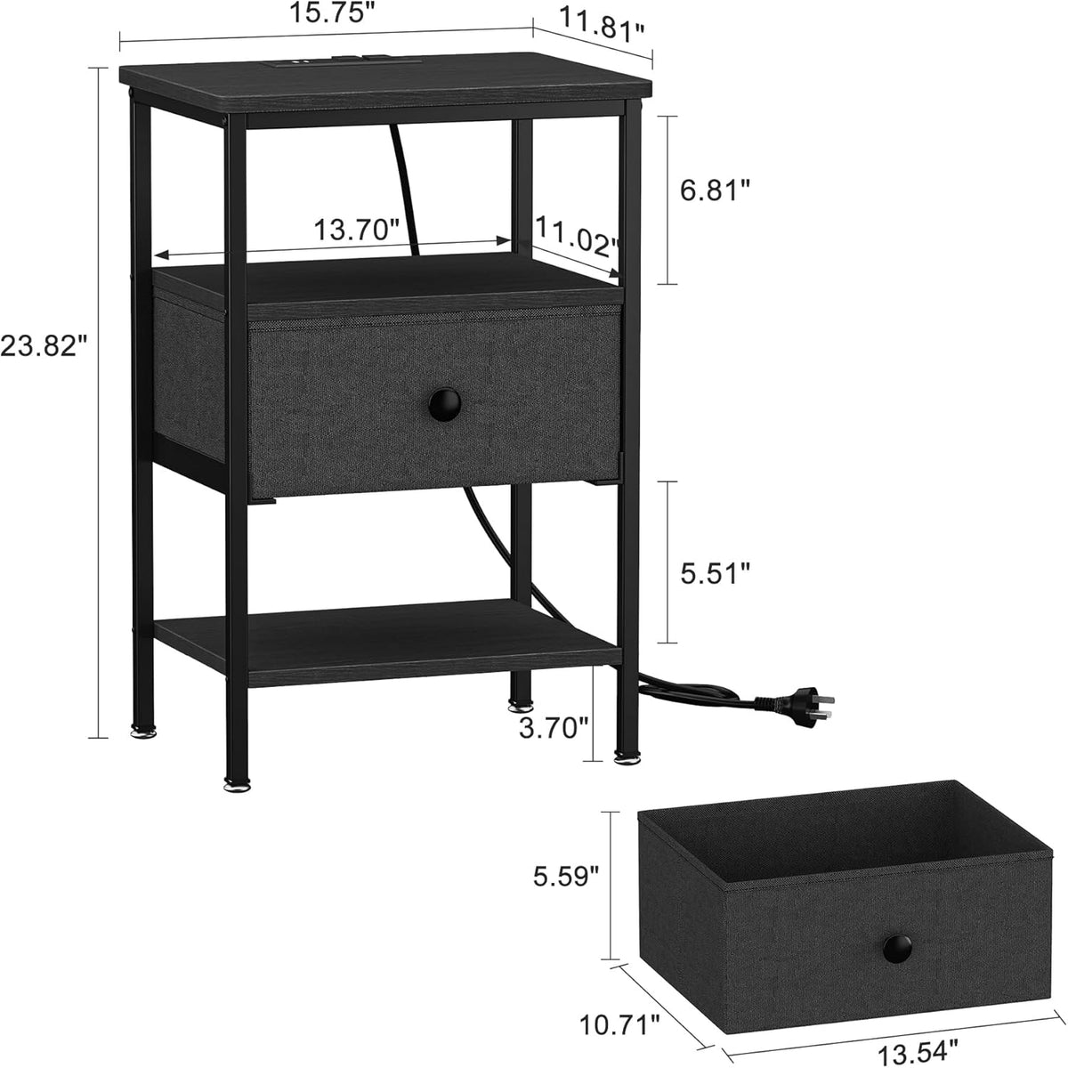 VECELO Nightstands with Charging Station Set of 2,Bedside Tables with Storage Shelf&Fabric Drawer,End Tables for Bedroom,Living Room,Small Spaces,Black