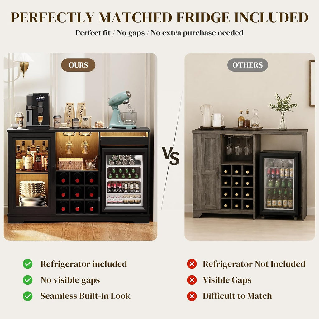 BROTTAR Large Coffee Bar Cabinet with Fridge (Fridge Included) | Liquor Wine Bar Cabinet with LED Lights, Glass Holder, Wine Rack, Human Body Sensor, Buffet Sideboard for Home, Black