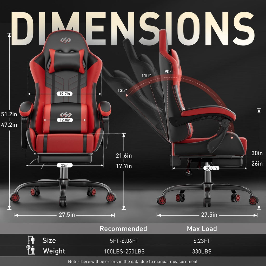 HLDIRECT High Back Gaming Chair, USB Massage Lumbar Support, Black&Red | PU Leather & Pocket Spring Seat Cushion, Footrest, 90°-135° recline, 330 lb capacity, for adult gaming, work & relaxing